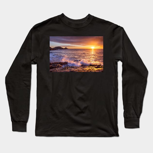 Mumbles Lighthouse, Bracelet Bay, Swansea Long Sleeve T-Shirt by dasantillo